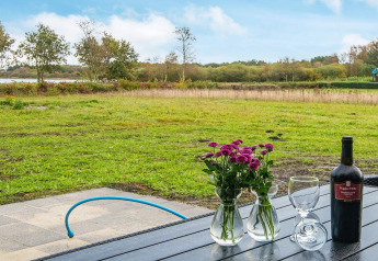 Vista desde un alojamiento con vino, flores y copas en la mesa, campo verde en Ansager, Dinamarca.