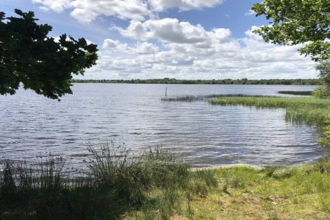 Vue sur le lac et la rive depuis la maison de vacances 8 personnes à Ansager, Danemark, par beau temps.