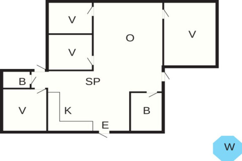 Plano de la casa de vacaciones para 8 personas en Ansager, Dinamarca, con habitaciones, cocina y baños.