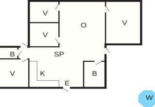 Planimetria di una casa vacanze per 8 persone ad Ansager, Danimarca, con camere, cucina e bagni.