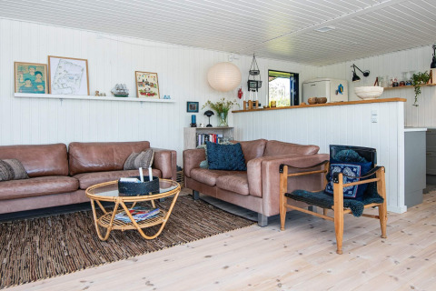 Soggiorno in casa vacanze a Ebeltoft, Danimarca, con divani in pelle, tavolo in rattan e arredo luminoso.