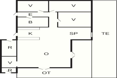 Plano de una casa de vacaciones para 8 personas en Ebeltoft, Dinamarca, con habitaciones y terraza.
