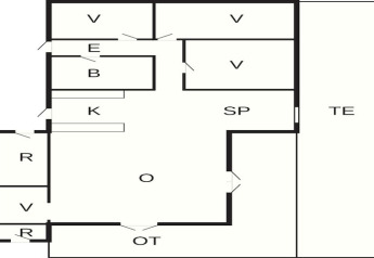 Plattegrond van 8-persoons vakantiehuis in Ebeltoft, Denemarken, met kamers, keuken en terras.