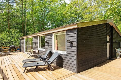 Buitenterras van het 5-persoons vakantiehuis in Ans By met ligstoelen en omgeven door groene bomen.