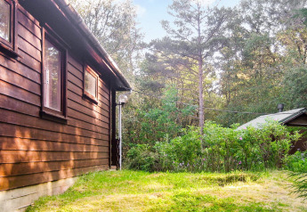 Chalet en bois avec jardin vert, près d'une forêt, photographié au lodge Reksteren au Danemark.