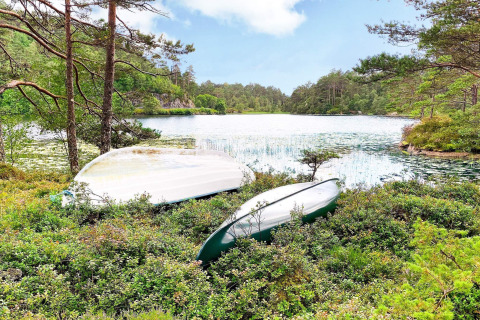 Dos botes volteados sobre la orilla verde de un lago en el bosque con cielo azul en Reksteren, Dinamarca.