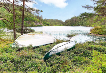 Due barche rovesciate sulla riva verde di un lago forestale sotto cielo azzurro a Reksteren, Danimarca.