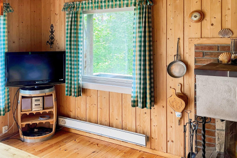 Woonkamer in vakantiehuis in Reksteren met houten muren, open haard, groene gordijnen en tv op vat.