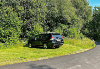 Zwarte SUV geparkeerd in het gras naast de weg, omringd door bomen bij vakantiehuis in Reksteren.