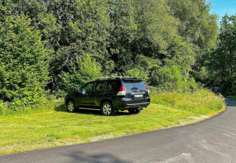 Zwarte SUV geparkeerd op gras bij de weg, omringd door bomen bij 4-persoons vakantiehuis in Reksteren.