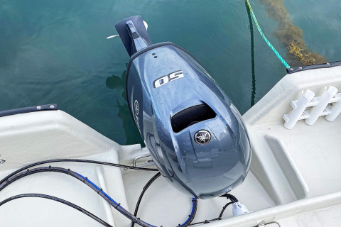 Buitenboordmotor op een boot bij het 4-persoons vakantiehuis in Reksteren, Denemarken.