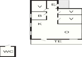 Piantina di una casa vacanze per 4 persone a Reksteren, Danimarca, con stanze e terrazza.
