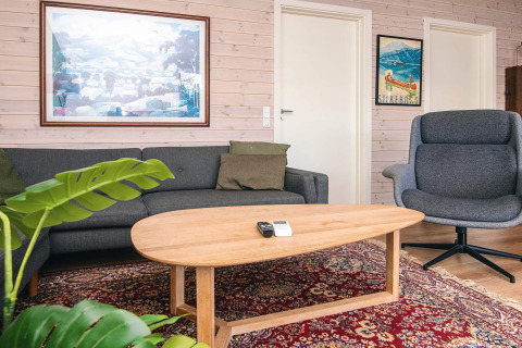 Salon de la maison de vacances à Ans By, Danemark, avec canapé gris, fauteuil et table en bois.