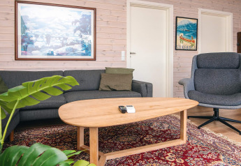 Salón de la casa de vacaciones para 5 personas en Ans By, Dinamarca, con sofá, sillón y alfombra.