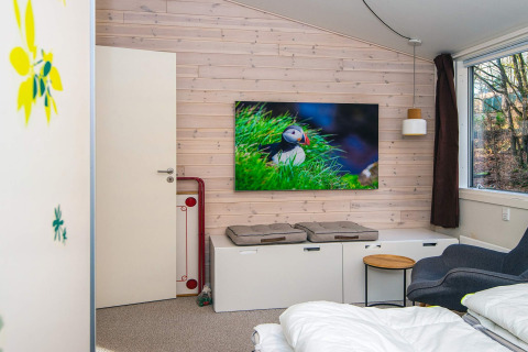 Indbydende værelse i feriebolig i Ans By, Danmark med naturudsigt, moderne indretning og tv med fuglebillede.