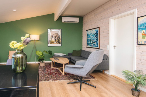Moderne stue i feriebolig i Ans By, Danmark, med grøn væg, komfortable møbler og kunst på væggene.