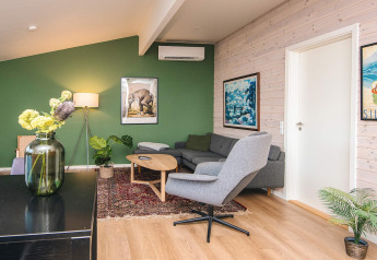Acogedora sala de estar en casa vacacional en Ans By, Dinamarca, con pared verde y decoración moderna.