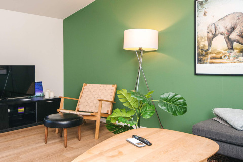Zithoek van een vakantiehuis in Ans By, Denemarken, met groene muur, stoel, vloerlamp en plantendecor.
