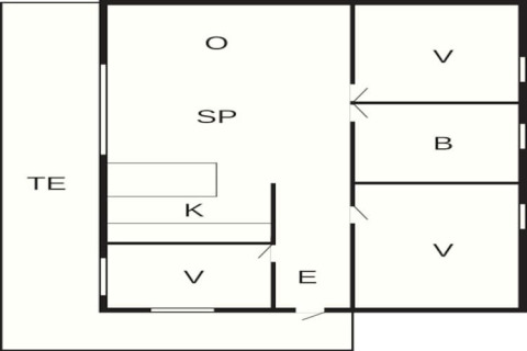 Plantegning af 5-personers feriehus i Ans By, Danmark, med værelser markeret med initialer.