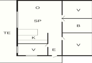 Plano de una casa de vacaciones para 5 personas en Ans By, Dinamarca, con las habitaciones etiquetadas.
