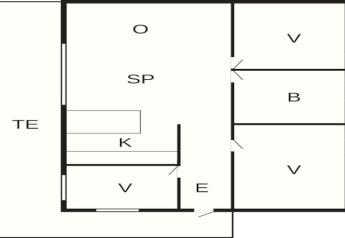 Plano de una casa de vacaciones para 5 personas en Ans By, Dinamarca, con las habitaciones etiquetadas.