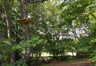 Piattaforma di casa sull’albero tra alberi verdi vicino a una casa vacanza per 10 persone a Hadsund, Danimarca.
