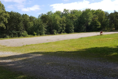 Buitenaanzicht van een betegeld terrein bij vakantiehuis voor 10 personen in Hadsund, Denemarken, met bomen.