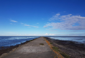 Een lang betonnen pad loopt richting zee onder een heldere blauwe lucht bij Hadsund in Denemarken.