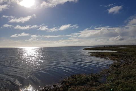 Vista soleada de la costa en Hadsund, Dinamarca, desde alojamiento vacacional para 10 personas.