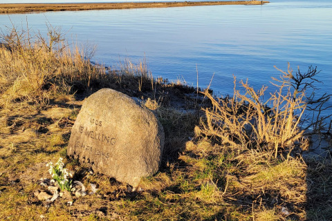 Gedenksteen met inscriptie aan het water in Hadsund, Denemarken, omringd door gras en bloemen.