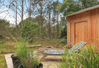 Terraza exterior junto a cabaña de madera con tumbonas y vista al bosque en casa de vacaciones en Ålbæk, Dinamarca.