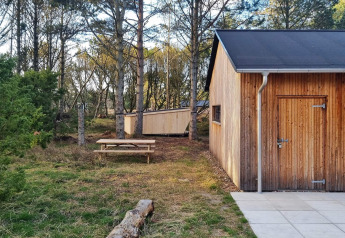 Cabaña de madera y banco de picnic en casa de vacaciones para 8 personas en Ålbæk, Dinamarca, entre árboles.