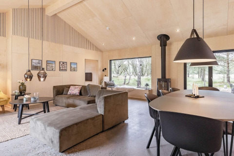 Moderne leefruimte in een vakantiehuis in Ålbæk, Denemarken, met grote ramen en knusse sfeer.