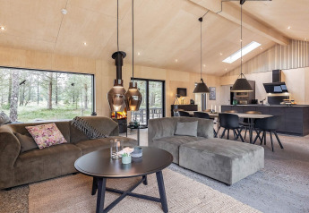 Modern 8 person holiday home in Ålbæk, Denmark, with cozy lounge, fireplace, dining area and scenic windows.