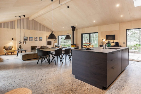 Modern eingerichteter Wohn- und Essbereich mit Küche in einem Ferienhaus für 8 Personen in Ålbæk, Dänemark.