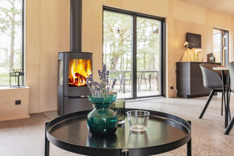 Salón moderno con estufa de leña, puertas de cristal y vista al bosque en casa de vacaciones en Ålbæk.