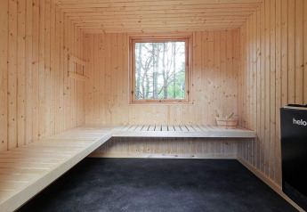 Interieur van een ruime houten sauna met bankjes, raam, zwarte kachel en emmer in Ålbæk, Denemarken.