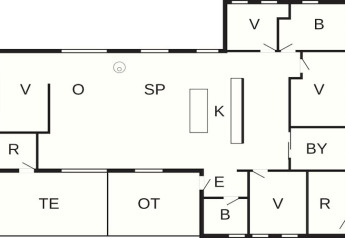 Floor plan of an 8-person holiday home in Ålbæk, Denmark showing rooms, kitchen, living and bathrooms.