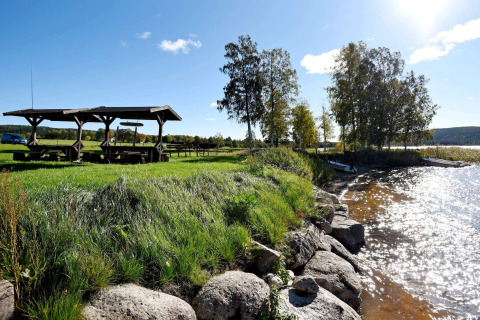 Sunny lakeside view at 7 person holiday home in Sunnemo, Sweden, with benches, grass and clear water.