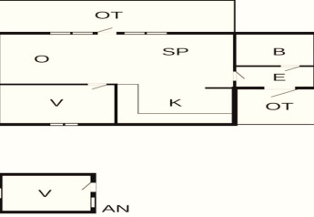 Plan du chalet pour 7 personnes à Sunnemo, Suède, avec salon, cuisine, chambres et salle de bain.