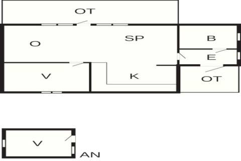 Planimetria dello chalet per 7 persone a Sunnemo, Svezia, con soggiorno, cucina, camere e bagno.