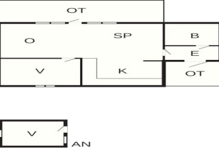 Grundriss eines Chalets in Sunnemo, Schweden, für 7 Personen mit Wohn-, Schlaf- und Küchenbereichen.