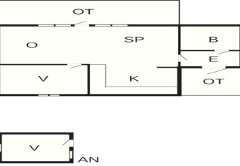 Plattegrond van chalet voor 7 personen in Sunnemo, Zweden met woonkamer, keuken, slaapkamers en badkamer.