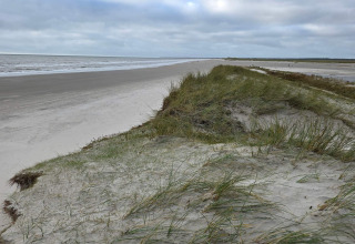 Vue sur la plage et les dunes depuis 'Seaside Escape in Ho Bay', Danemark, sous un ciel nuageux.