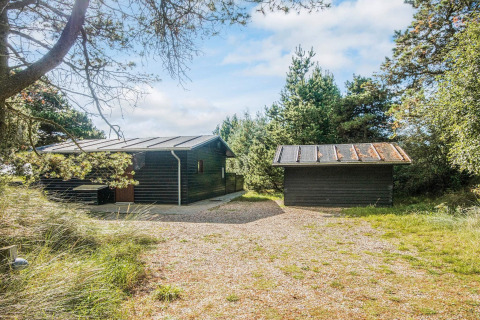 Knus zwart houten huisje en schuurtje tussen bomen bij Seaside Escape in Ho Bay, Denemarken, op een zonnige dag.