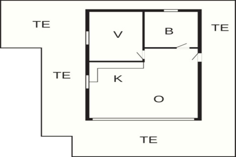 Plan du Seaside Escape à Ho Bay, Danemark, montrant cuisine, salon, salle de bain et terrasse extérieure.