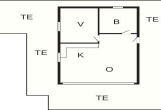 Plano de Seaside Escape en Ho Bay, Dinamarca, mostrando cocina, salón, baño y varias terrazas exteriores.