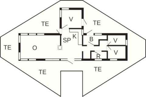 Plattegrond van woonboot 38508-FISKHOLMEN in Denemarken met kamers, keuken, badkamer en terrassen.
