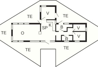 Plano de la casa flotante 38508-FISKHOLMEN en Dinamarca con habitaciones, cocina y terraza marcadas.