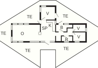 Plattegrond van woonboot 38508-FISKHOLMEN in Denemarken met kamers, keuken, badkamer en terrassen.